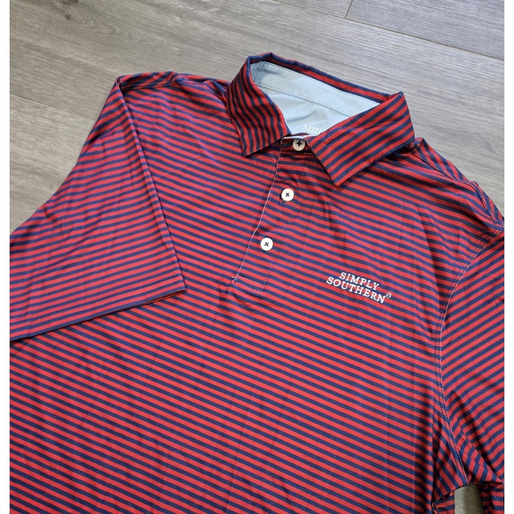 Simply Southern Polo Shirt Mens Medium Red Blue Striped Performance Stretch Golf